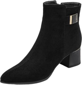 Generic Womens Black Faux Suede Ankle Boots Pointed Toe Mid Block Heels Metal Buckle Side Zipper Comfortable Non-Slip for Daily Commute Casual,Black,3.5 UK