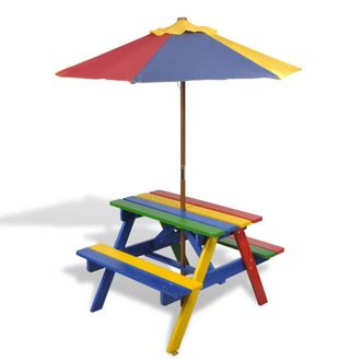 vidaXL Vidaxl - Mesa De Picnic Y Bancos De Ni&ntilde;os Y Sombrilla Madera Multicolor