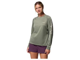 Columbia Tidal Teetm II Long Sleeve Womens Clothing Cypress Heather/Dark Stone Logo : 2XL, Polyester