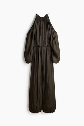 H&M Cold-shoulder Satin Jumpsuit in Dark Khaki Green at Nordstrom, Size X-Small