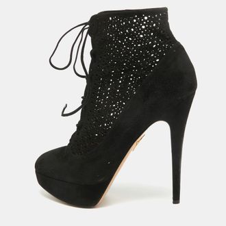 Charlotte Olympia Black Suede Lasercut Accents Ankle Boots