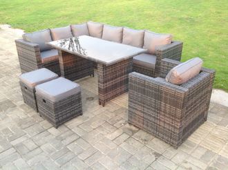 Fimous Outdoor Lounge Rattan Corner Sofa Set Garden Furniture Rectangular Dining Table Chair 8 Seater in Dark Grey
