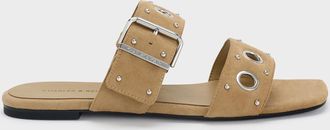 Charles & Keith Faux Suede Grommet Buckled Slides