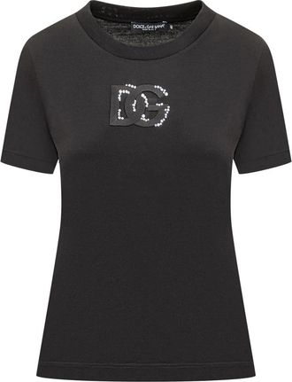 Dolce & Gabbana T-shirt met Glinsterend Logo - Dames - T-shirts - Zwart - M - Katoen - Tops