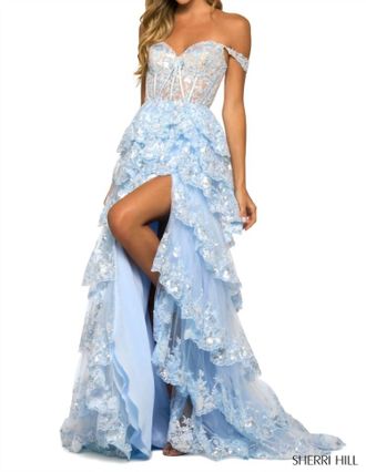 Sherri Hill Layered Skirt Off The Shoulder Dress In Light Blue