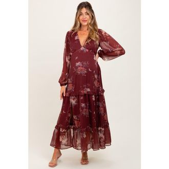 Pinkblush Floral Chiffon V-Neck Long Sleeve Maxi Dress in Burgundy at Nordstrom, Size Medium