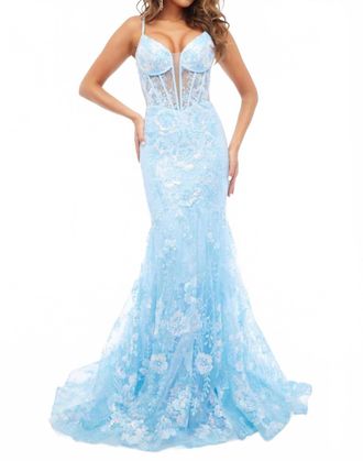 Jasz Couture Applique Mermaid Dress With Lace-Up Back In Light Blue