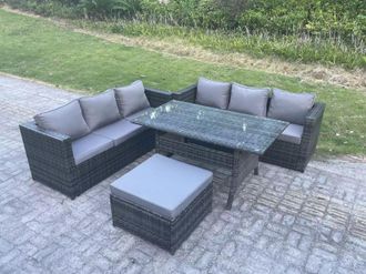 Fimous PE Wicker Outdoor Garden Furniture Set Patio Rattan Rectangular Dining Table Sofa Footstool 7 Seater in Dark Grey
