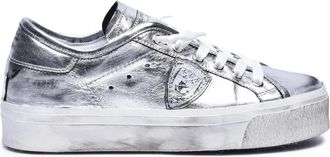 Philippe Model Shiny Metallic Silver Low-Top Sneakers