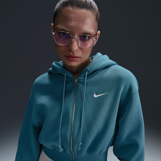 Nike Womens Nike Sportswear Phoenix Fleece Loose Cropped Full-Zip Hoodie in Blue | HJ0940-006