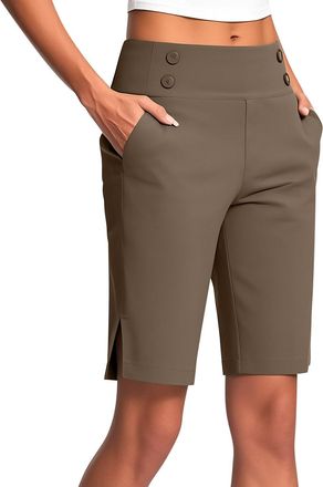 Generic Summer Knee Length Shorts for Women UK Elasticated High Waist Yoga Shorts for Women with Pockets Solid Colour Split Side Breathable Quick Dry Active C