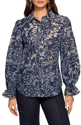 Ramy Brook Joy Burnout Button-Up Shirt in Navy Burnout at Nordstrom, Size Xx-Small