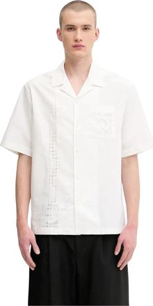 Marine Serre Geregenereerd Huishoudlinnen Bowling Shirt - Heren - Korte mouwen Overhemden - Wit - XL - Linnen - Overhemden