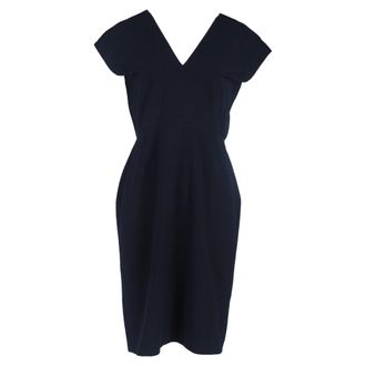 Roland Mouret V-Neck Knee-Length Dress in Navy Blue Wool