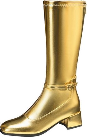Generic Womens Mid-Calf Boots, Retro PU Leather Riding Boots with Low Block Heel And Square Toe Elegant Tall Boots for Outdoor Party & Everyday Wear,Gold,6.5 
