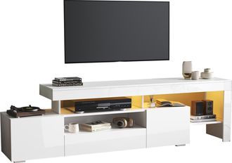 STILVORA Mueble Tv Con 3 Puertas Abatibles, Estantes Abiertos Y Led, Frente Brillante, Para Sal&oacute;n, 192&times;37&times;53 Cm, Blanco