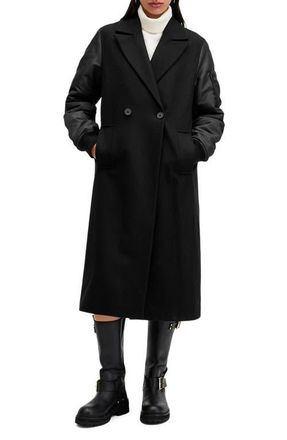 AllSaints Paulah Mixed Media Wool Blend Coat in Black at Nordstrom, Size 10 Us