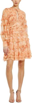 Mac Duggal Floral Mesh Long Sleeve Ruffle Mini Dress