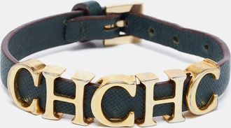 Carolina Herrera Forest Green Leather Logo Charms Wrap Bracelet