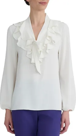 Kasper Ruffle Tie Neck Top in Vanilla Ice at Nordstrom, Size X-Small