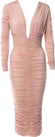 Alex Perry Pink Ruched Deep Plunge Midi Dress Size XS