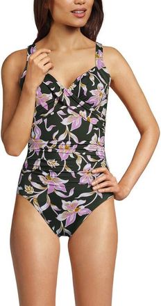 Lands End Sweetheart Underwire Wrap One Piece Swimsuit in Tropic Floral/rich Olive at Nordstrom, Size 16
