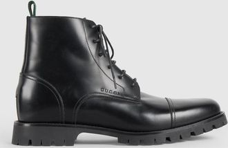 Gucci Mens Lace-up Ankle Boot With Web, Black, Leather