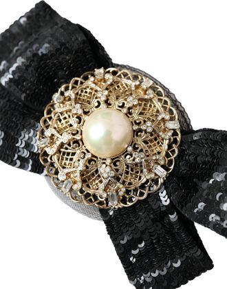 Dolce & Gabbana Womens Black Sequin Pearl Handmade Brooch Hair Pin Brass Accessory