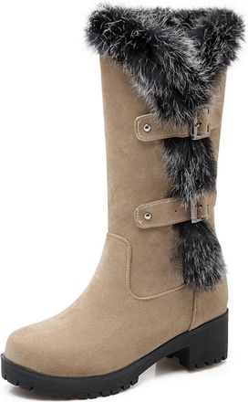 Generic Womens Faux Suede Winter Boots with Buckle Block Heel Platform Long Boots Round Toe Mid-Calf Boot,Beige,2.5 UK