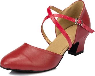 Minitoo Women Dance Shoes Closed Toe Party Evening Wedding Pumps with Ankle Strap HW033 Red UK 6.5