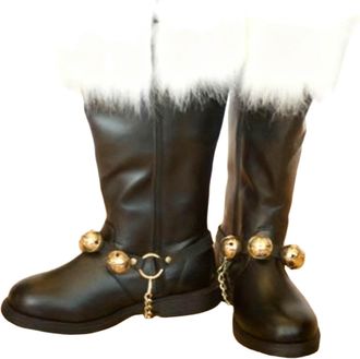 Generic Mens Christmas Santa Claus Boots Solid-Colour Mid-Calf Boots with White Plush & Side-Zip Wide Calf Santa Combat Buckle Boot Xmas Fancy Dress Costume F