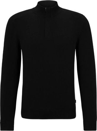 HUGO BOSS Regular Fit Trui van Katoen en Maagdelijke Wol met Verborgen Rits - Heren - Coltruien - Zwart - M - Katoen - Truien & Vesten