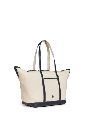 Polo Ralph Lauren Womens Large Tote Shopper Ecru-Navy Ivory Cotton Shoulder Bags