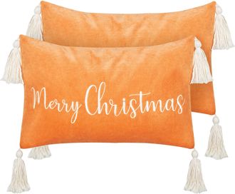 Beliani Conjunto De 2 Cojines De Terciopelo Estampado Navidad 30 X 50 Cm Funda De Algod&oacute;n Extra&iacute;ble Relleno Poli&eacute;ster Naranja Lithops