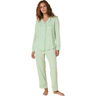 The Cats Pajamas Pima Knit Pajama Floral Set in Esential Stripe Pistachio at Nordstrom, Size X-Small
