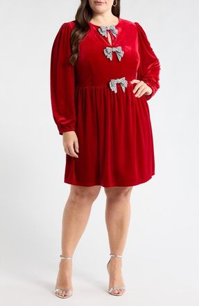 Sugarlips Glow Bow Velvet Long Sleeve Dress in Red at Nordstrom, Size 2X