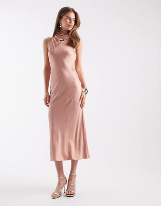 & Other Stories Vestito lungo accollato senza maniche in raso rosa pesca-Arancione