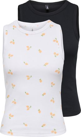 Only Shirttop ONLY ONLSALLY TANK TOP 2 PACK AOP CS JRS, Damen, Gr. XL, schwarz pack:wei&szlig; with lemon, Jersey, Obermaterial: 95% Baumwolle, 5% Elasthan, bedr