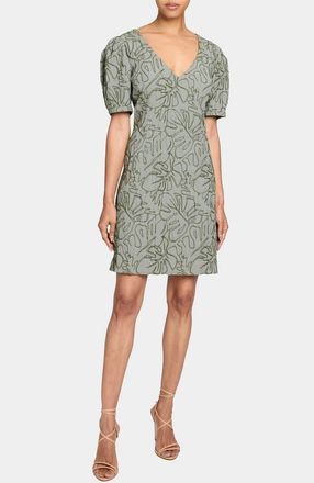 Santorelli BIANCA A-Line Shift Dress with Puff Sleeves in Abstract Stretch Cotton Cloque in Aloe at Nordstrom, Size 12
