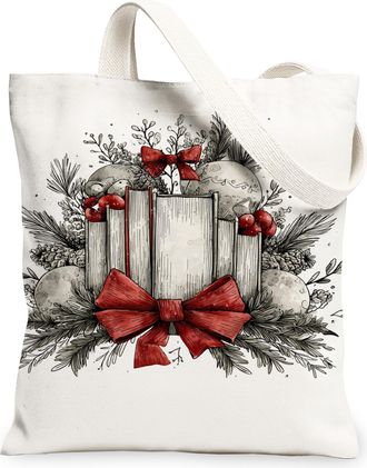 Generic Christmas Gift Canvas Tote Bags, Floral Pattern Reusable Grocery Bags, Vintage Lightweight Washable Shoulder Strap Canvas F, White, 13x15 Inch