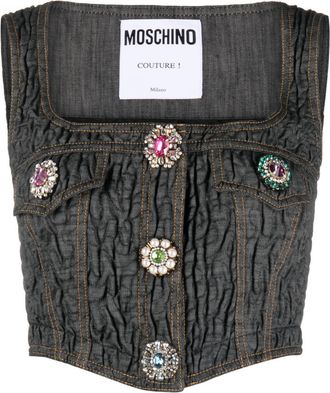 Moschino brooch-embellished denim bustier - women - Spandex/Elastane/Cotton/Polyester - 44 - Black