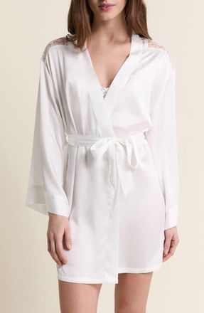 Etam Mascarade Deshabille Lace Trim Satin Robe in White at Nordstrom, Size X-Small