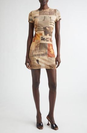 Jean Paul Gaultier Newspaper Print Mesh Minidress in Ecru/Light Grey/Red at Nordstrom, Size Large