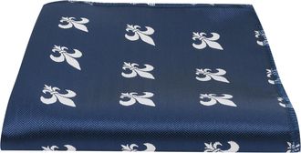 King & Priory Navy Blue Herringbone Embroidered Fleur De Lys Pocket Square, Handkerchief
