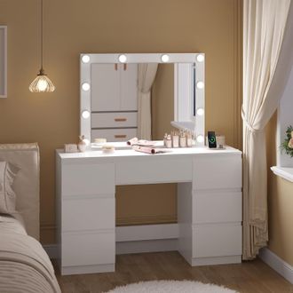 Woltu Tavolo Da Toeletta Con Illuminazione Led E Cassetti E 2 Prese, Bianco - Woltu