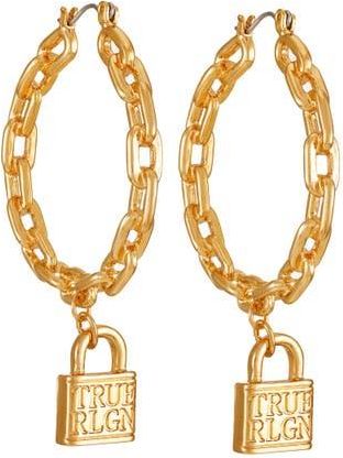 True Religion Frozen Chain Lock & Logo Hoop Earring in Goldtone at Nordstrom