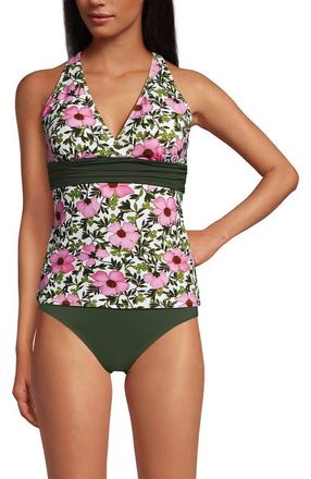 Lands End Chlorine Resistant Plunge X-Back Tankini Swimsuit Top in Pink Floral/border Mix at Nordstrom, Size Small P