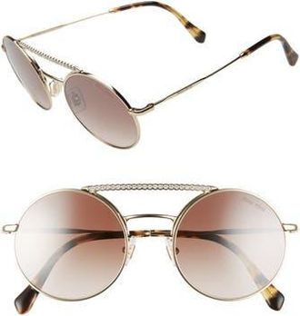 Miu Miu 50mm Round Crystal Embellished Aviator Sunglasses in Gold/Brown Grad Mirr at Nordstrom Rack