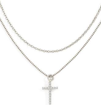 Mint & Lily Dainty Cable Necklace with Pave Cross Chain Necklace Stacking Set in Silver at Nordstrom