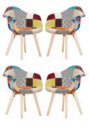 Life Interiors Set of 4 Patchwork Fabric Upholstered Accent Chairs with Wooden Legs, Mid-Century Modern Armchair